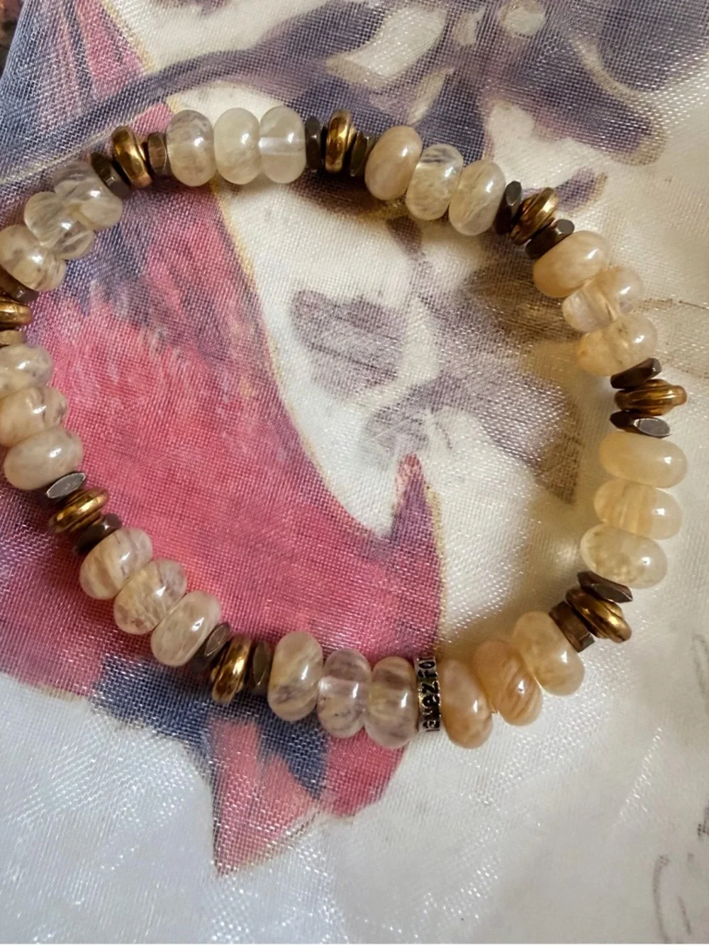 Boho Beaded Bracelet Stack • Gemstone Mix • Purple Green Gold Tones - Picture 8 of 8